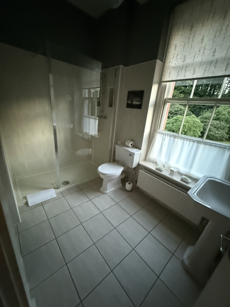 Bright bathroom with glass shower, white fixtures, and large window overlooking greenery.