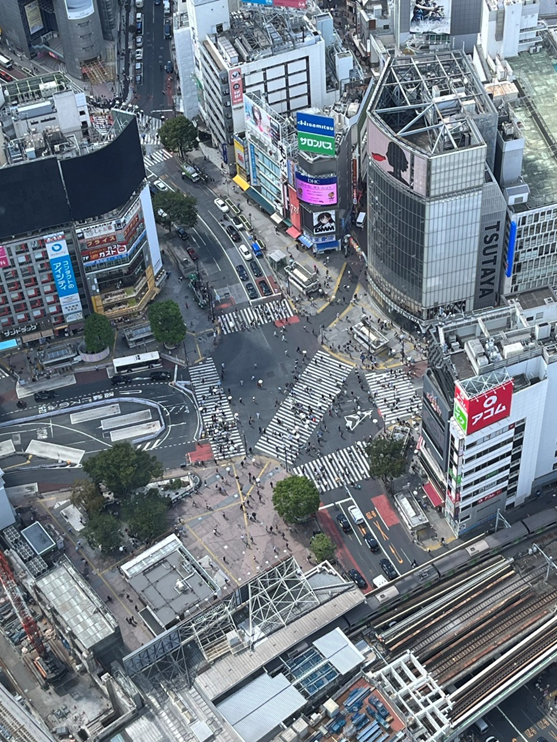 Arial view of the Shibuya Scramble from the top of the Shibuya Sky Roof